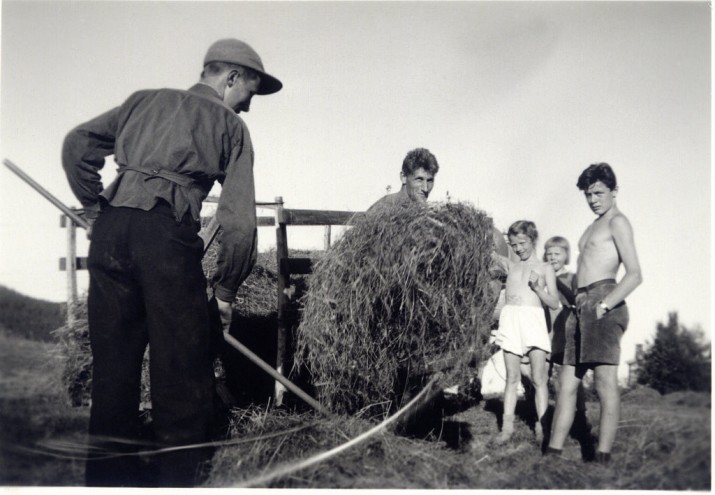 Slåttebilde fra 1938 med bl.a. Knut Haugen ( i midten). Foto utlånt av fam. Nielsen