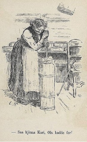 Oss har gjort kva gjerast skulle yste ost og kinnet smør. (Tegning: Eyvind Nielsen)