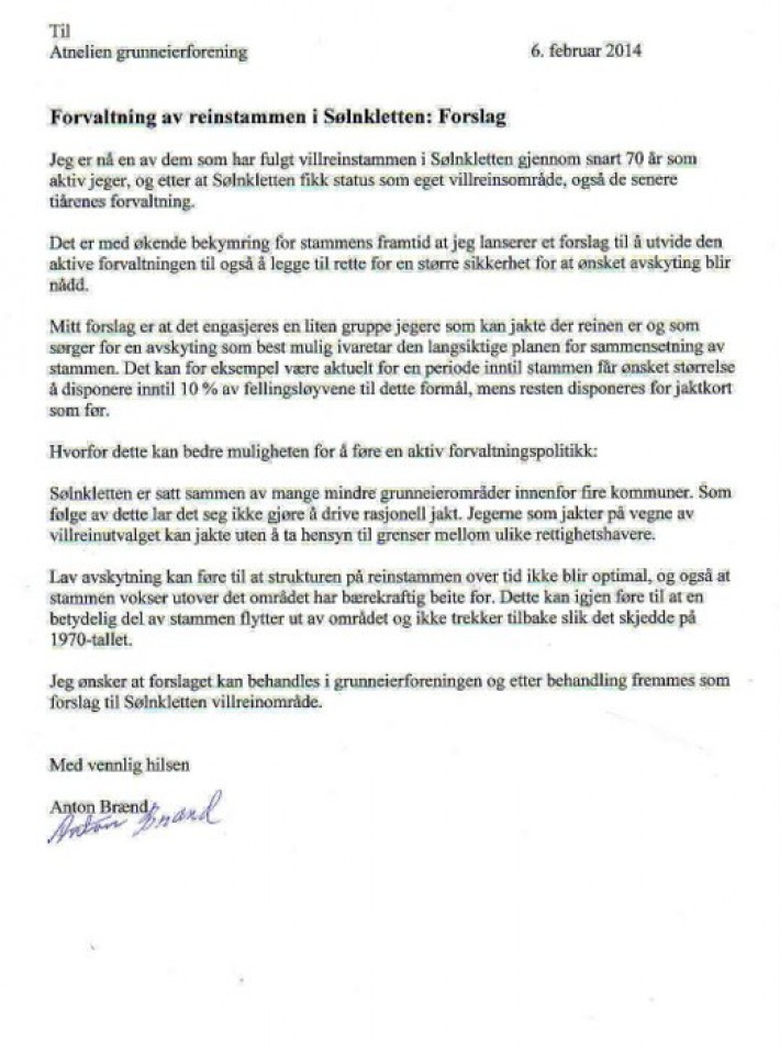 Forvaltning av reinstammen i Sølnkletten  forslag